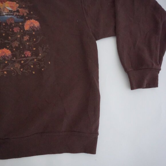 Vintage Jerzees Brown Autumn Landscape Cabin Lake Leaves Graphic Sweatshirt L - Picture 5 of 9